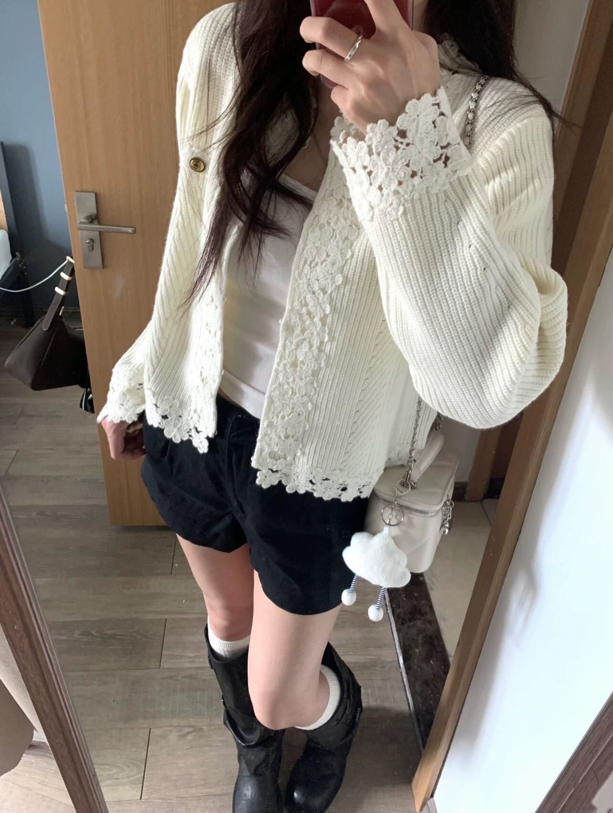 💕法式蕾絲花邊白色小香風三件套