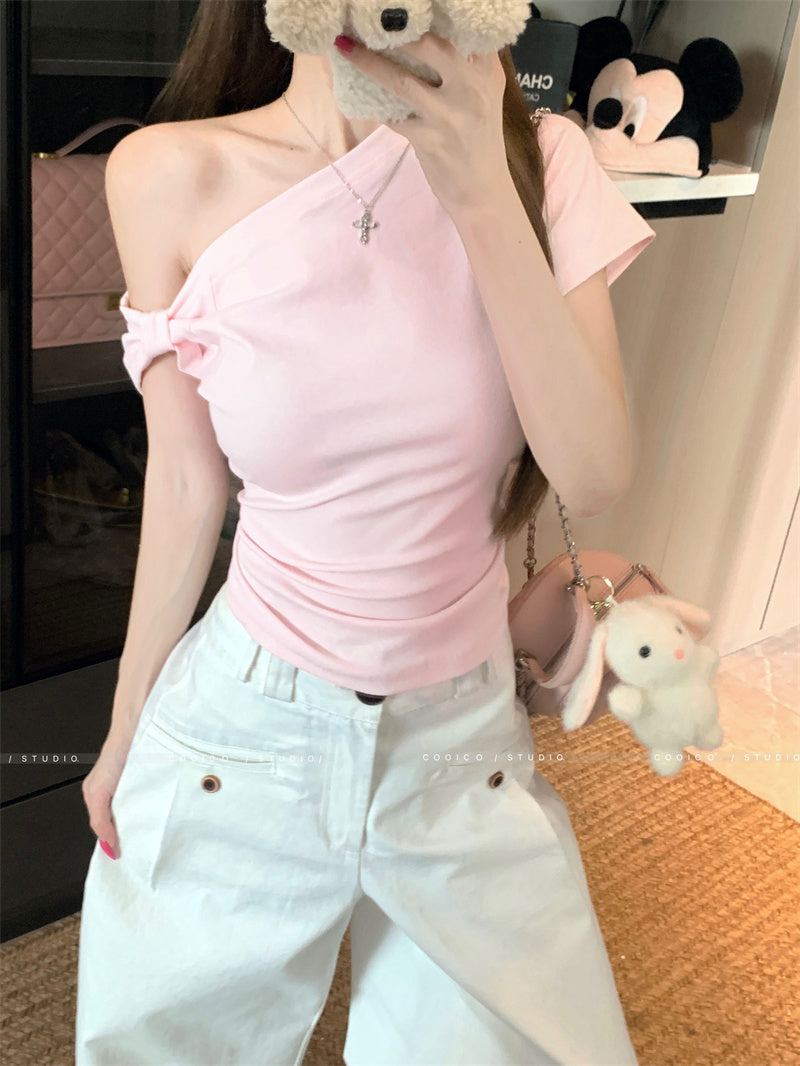 💕粉色短袖簡約斜肩T袖上衣