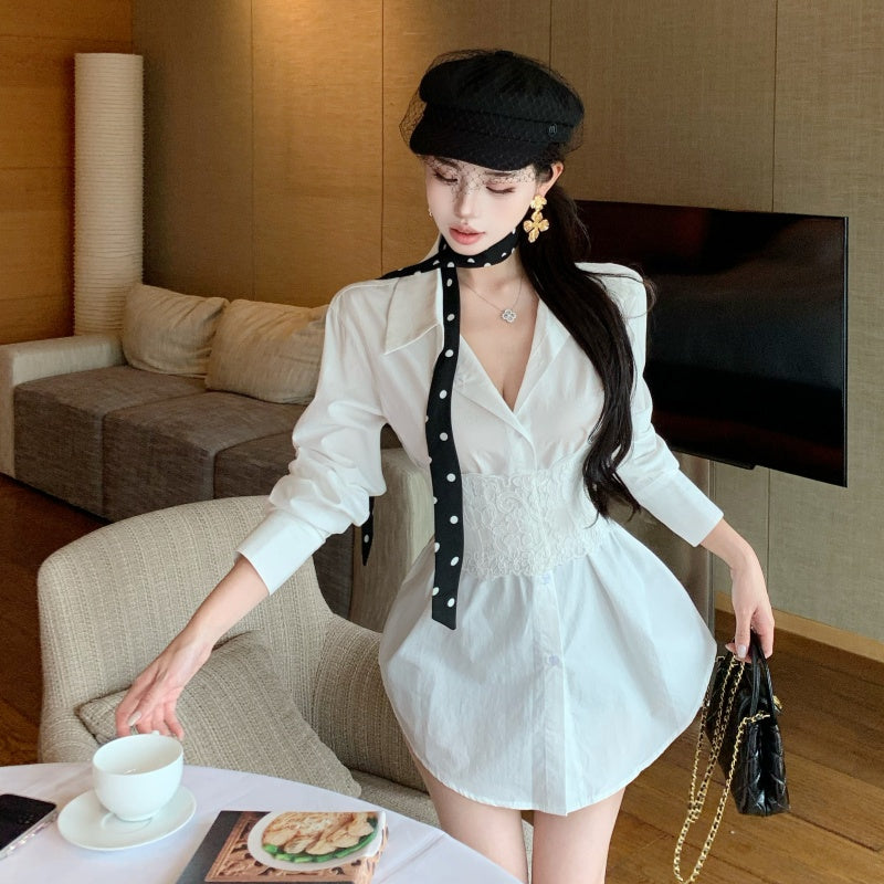 💕辣妹翻領單排扣長款長袖襯衫+蕾絲魚骨綁帶