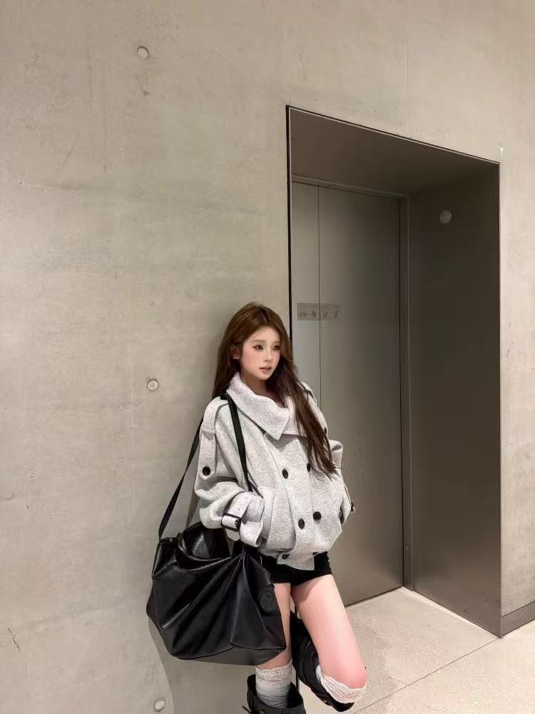 💕chic韓系溫柔氣質百搭雙排扣加厚外套