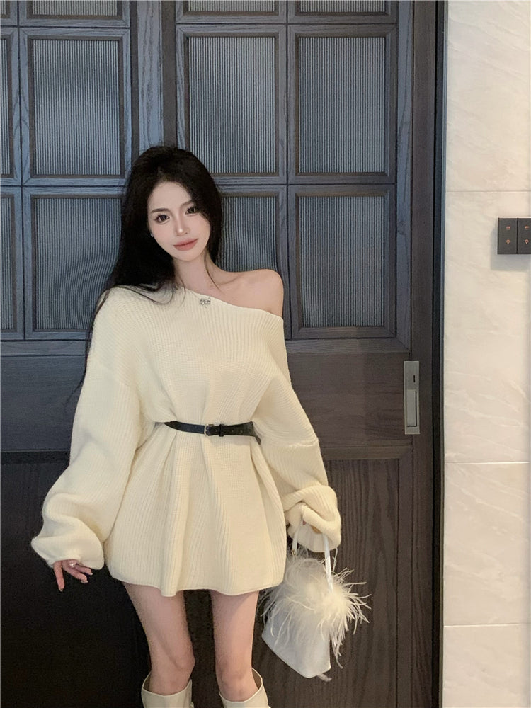 💕氣質甜美露肩針織寬鬆配腰帶連衣裙
