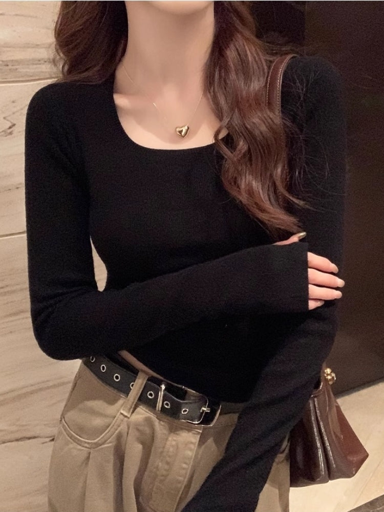 💕chic高級感簡約方領素色百搭長袖上衣