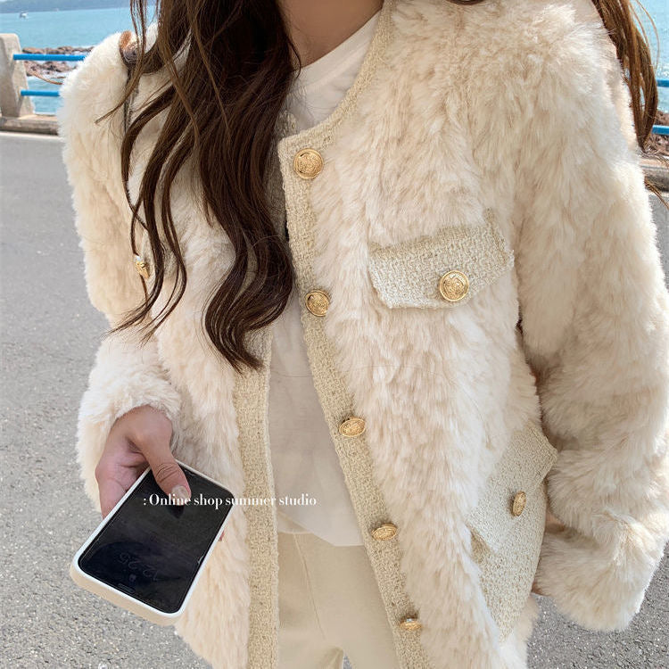 💕小香高級感仿兔毛加厚圓領外套