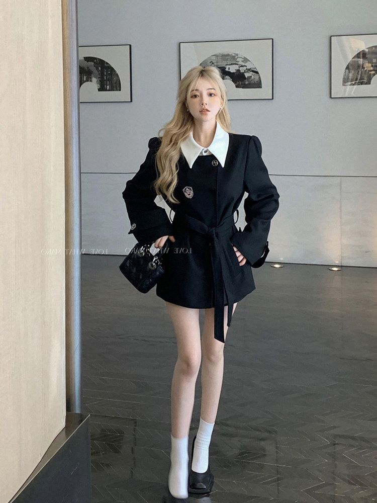 💕春季高級感小香風黑色收腰西服假兩件上衣套裝