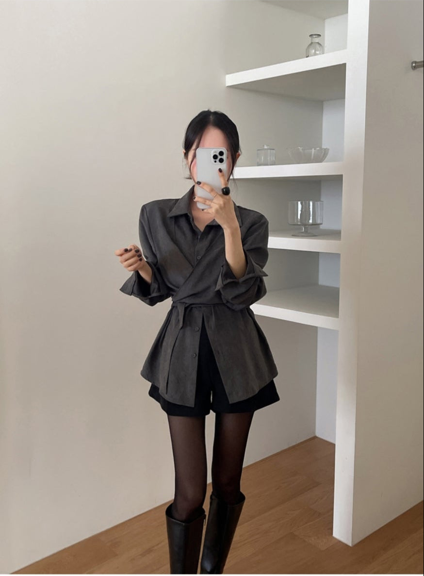 💕韓系秋冬交叉綁帶假兩件百搭襯衫上衣