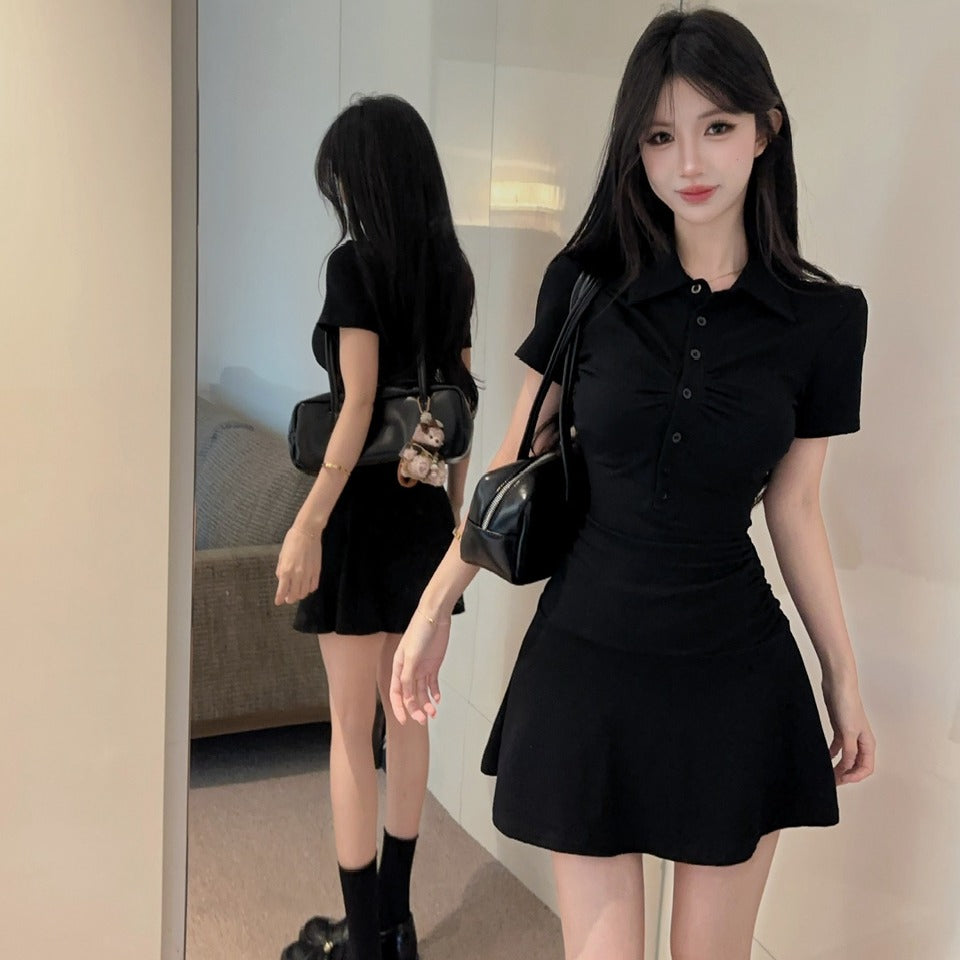 💕顯瘦百搭翻領收腰黑色翻領短袖大擺連衣裙
