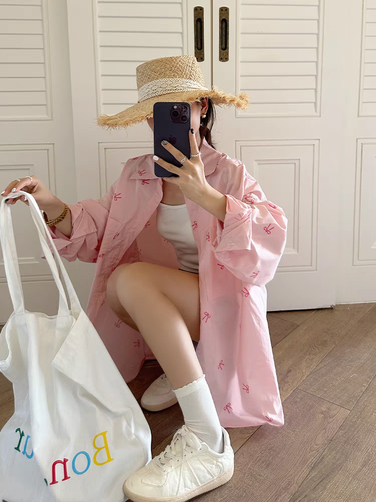 💕春夏可愛粉色蝴蝶結印花防曬襯衫外搭