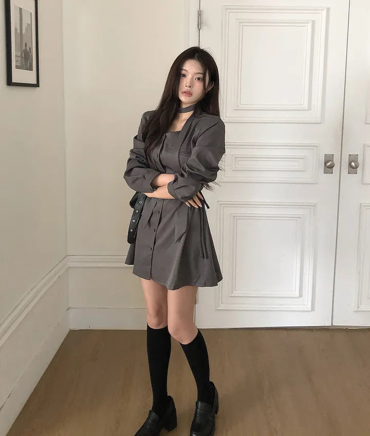 💕ins系V領圍脖系帶收腰單排扣西裝連衣裙