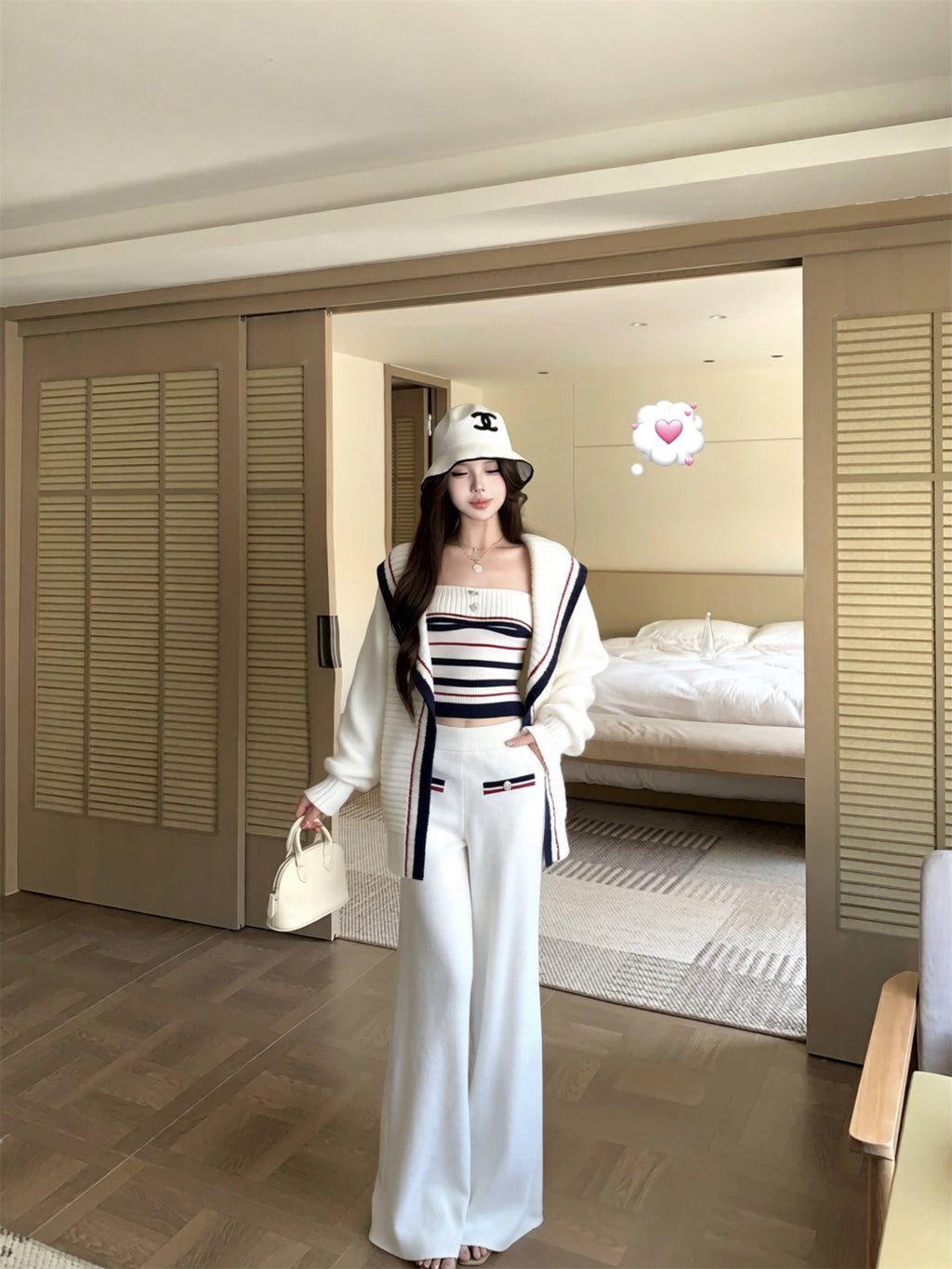 💕休閒慵懶條紋大翻領針織背心三件套