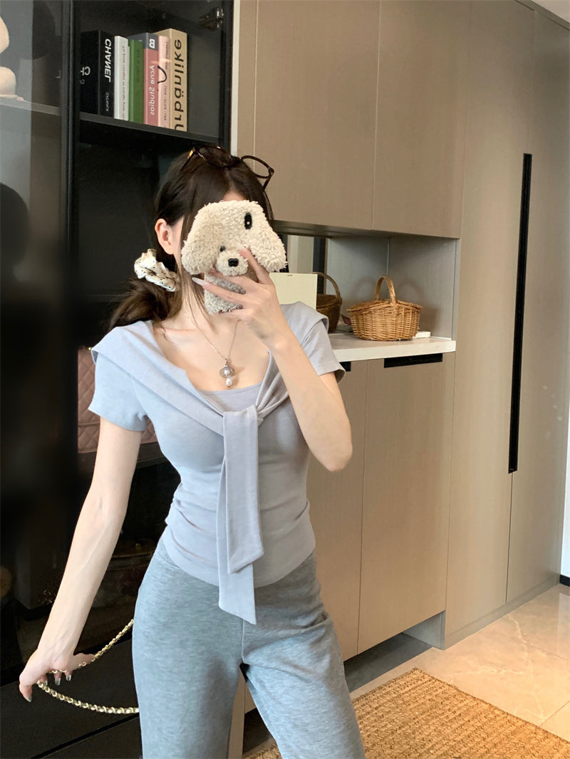 💕夏季綁帶方領短袖通勤百搭套裝