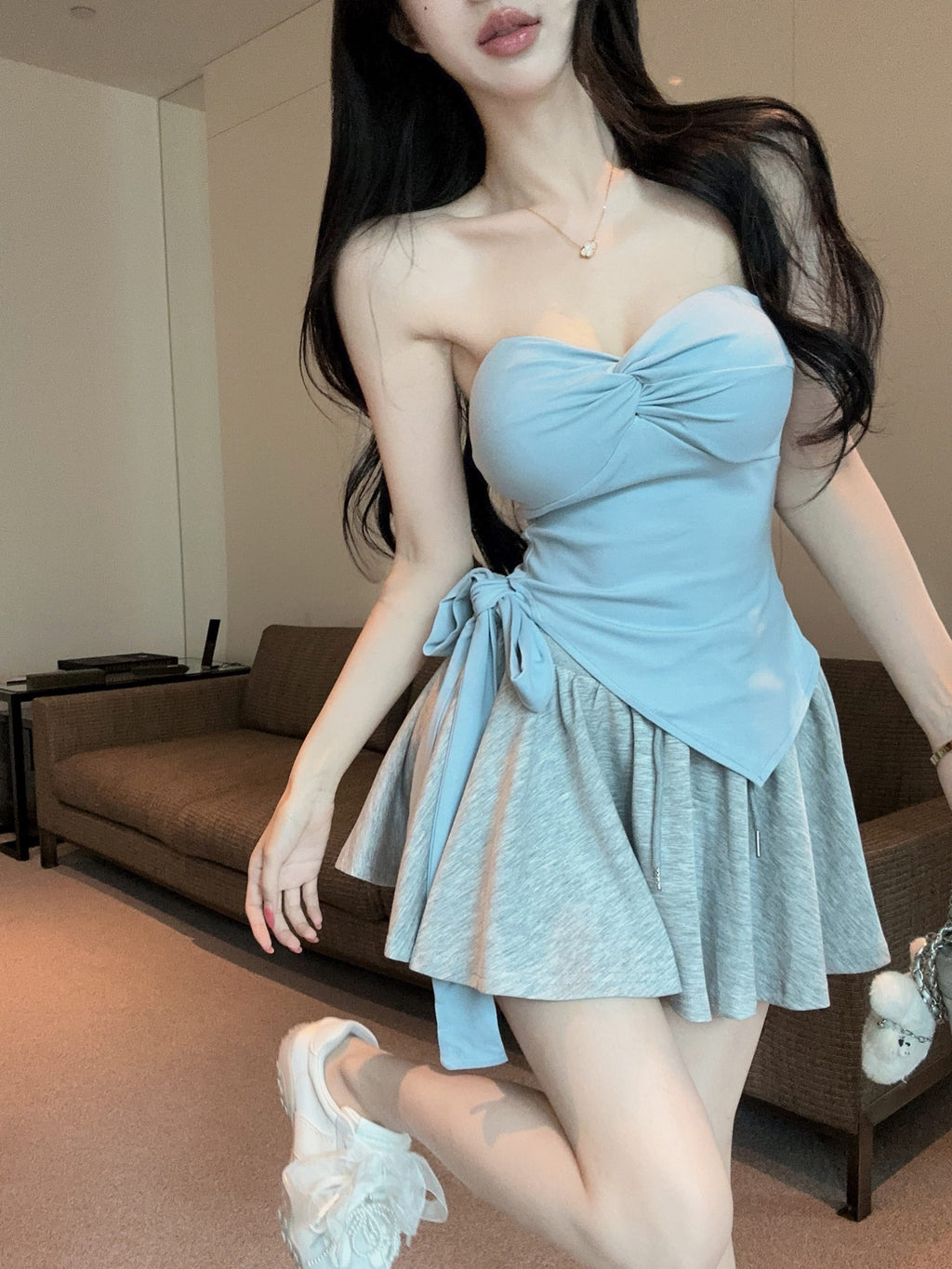 💕氣質帶胸墊不規則下擺系帶扭結兩件套