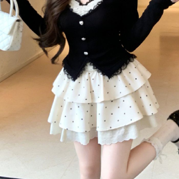 💕約會甜美黑色蕾絲針織上衣點點半身蛋糕裙套裝