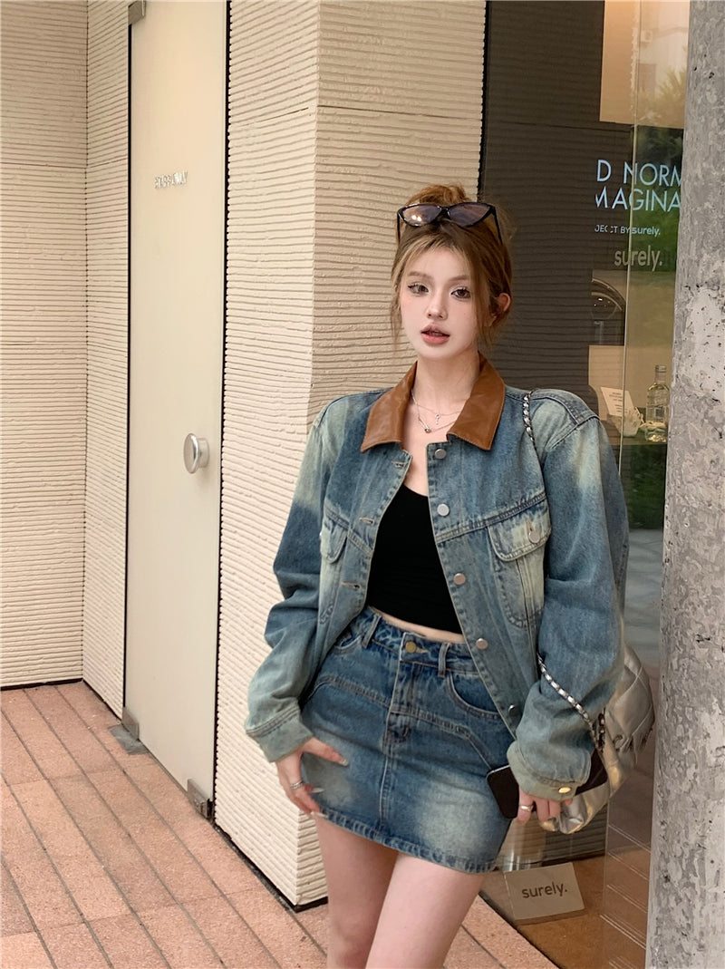 💕辣妹風牛仔外套配高腰牛仔短裙兩件套