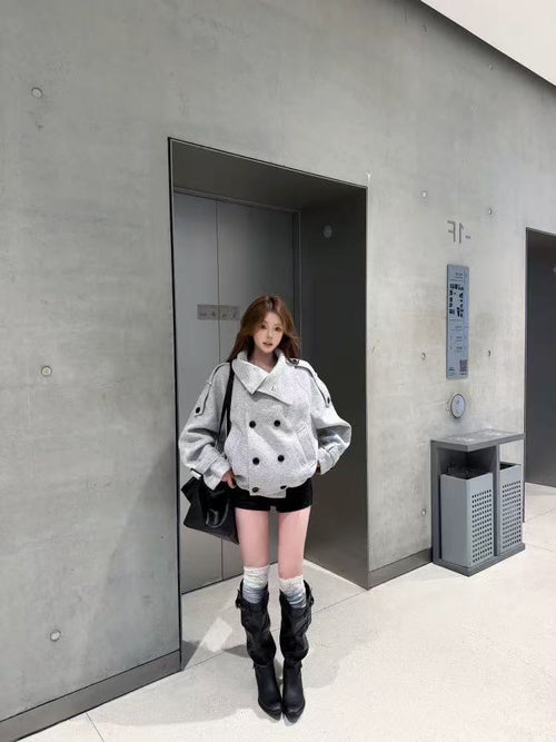 💕chic韓系溫柔氣質百搭雙排扣加厚外套