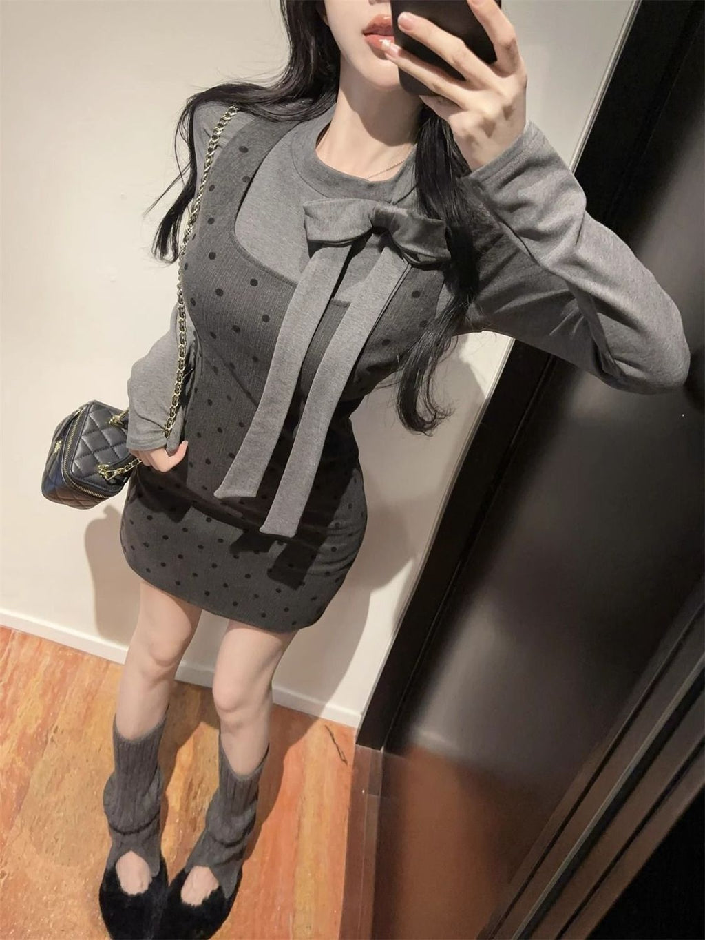 💕法式蝴蝶結飄帶圓領點點背帶兩件套
