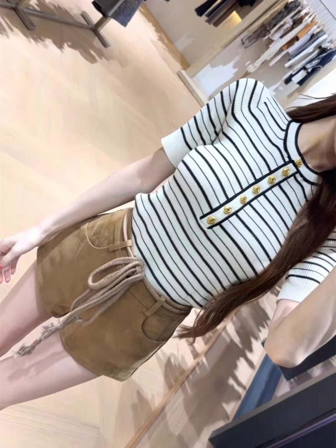 💕韓系撞色條紋金屬扣圓領高級感百搭上衣