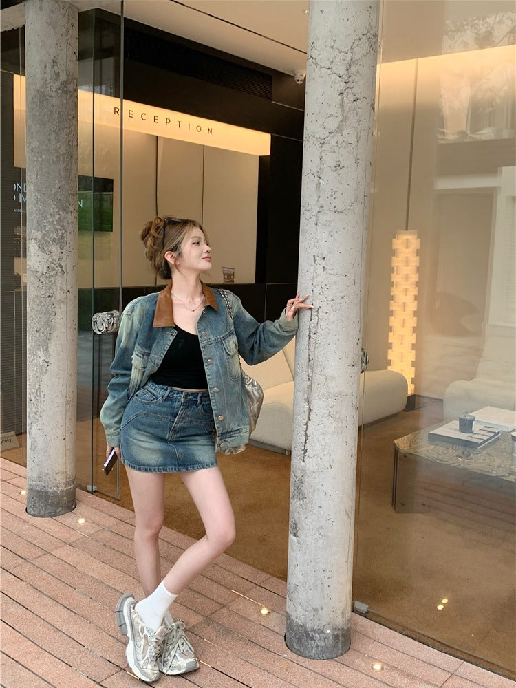 💕辣妹風牛仔外套配高腰牛仔短裙兩件套