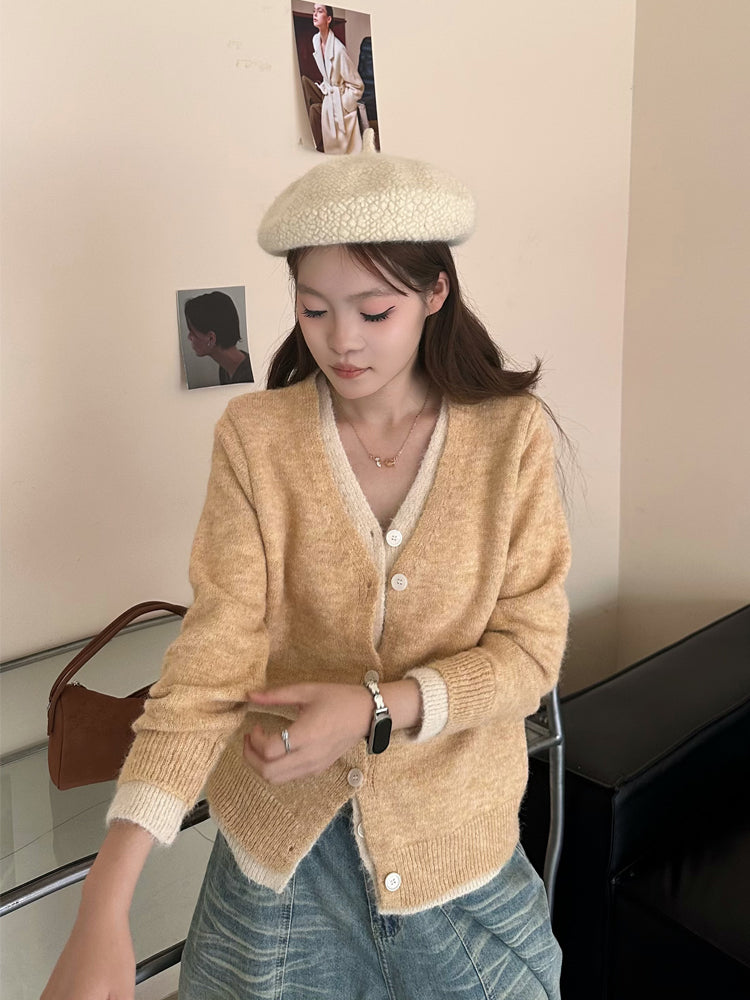 💕韓系簡約日常撞色假兩件針織開衫