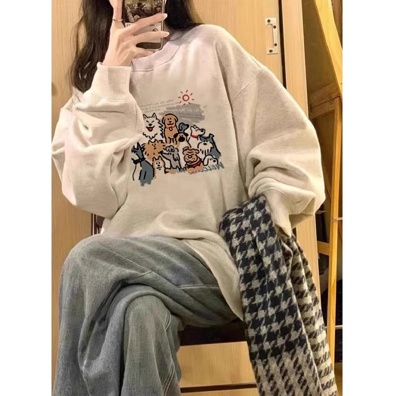 💕簡約時尚狗勾合集印花圓領長袖大學T