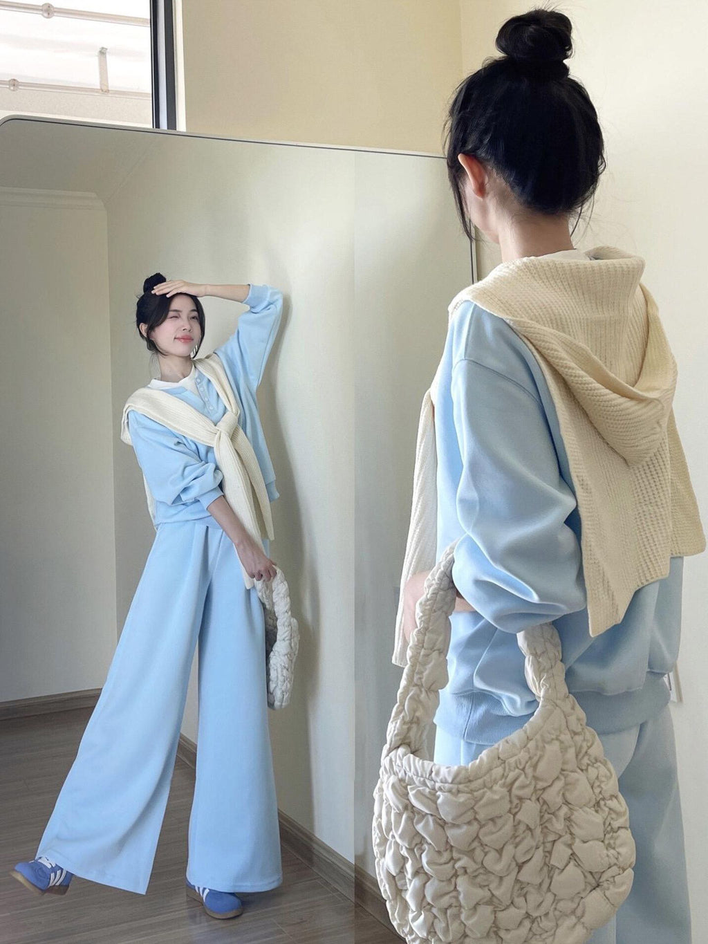 💕高級感毛織披肩霧霾藍休閒兩件套