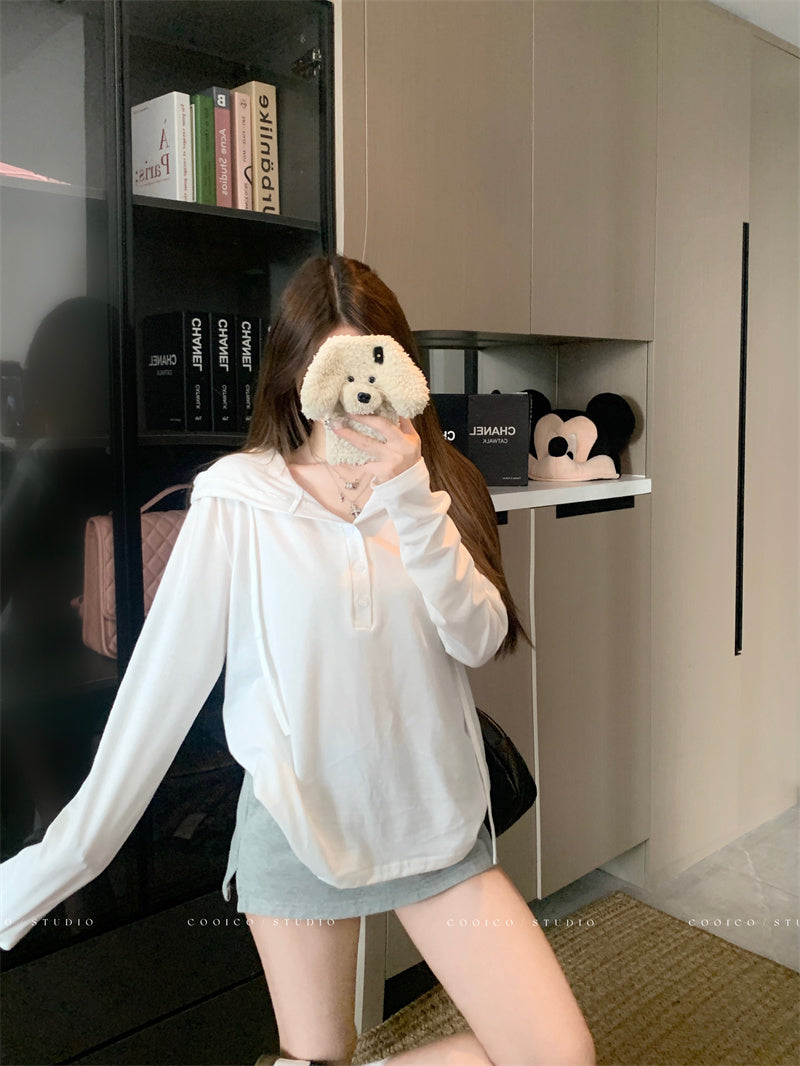 💕早秋鬆弛感鈕扣連帽長袖上衣