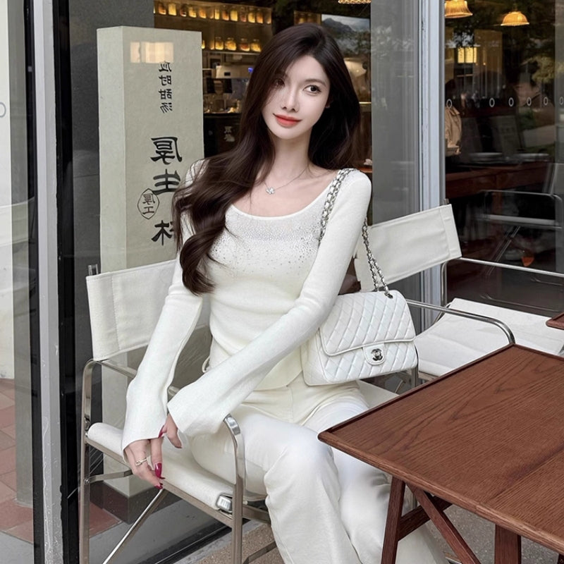 💕韓系性感修身鑲鑽針織打底毛衣