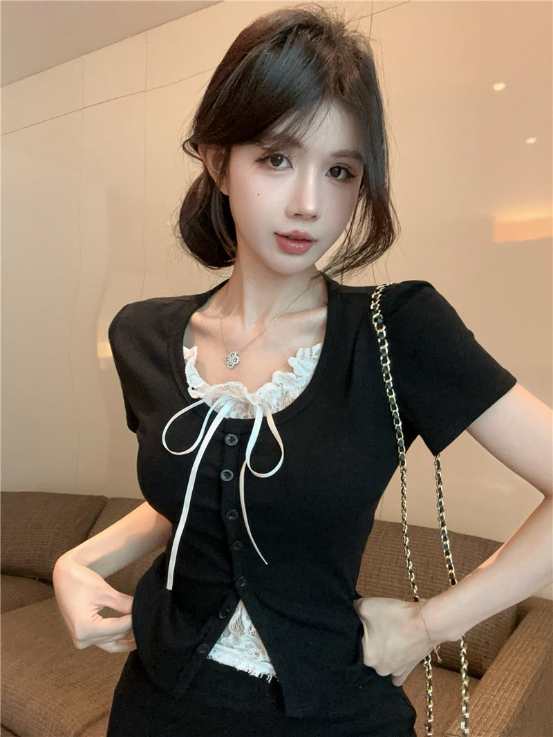 💕高級感假兩件短袖拼接蕾絲上衣