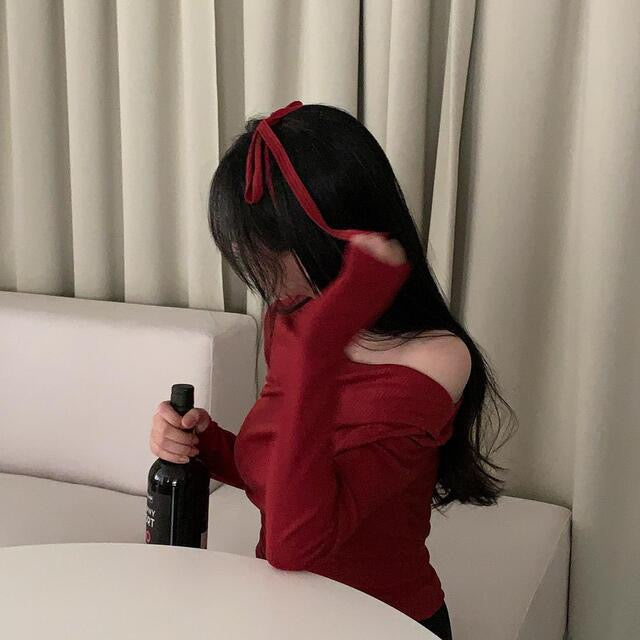 💕溫柔春秋純欲露肩+飄帶顯瘦法式上衣