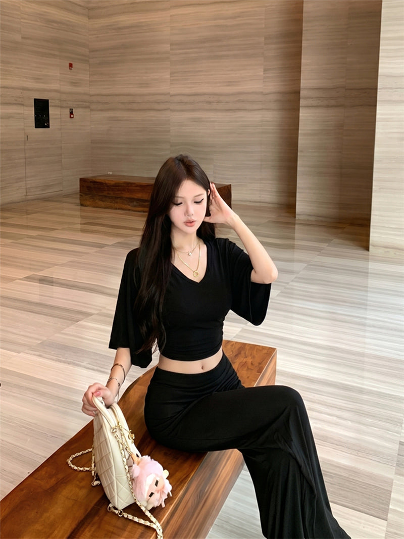 💕慵懶風V領收腰顯瘦蝙蝠袖上衣&直筒褲套裝