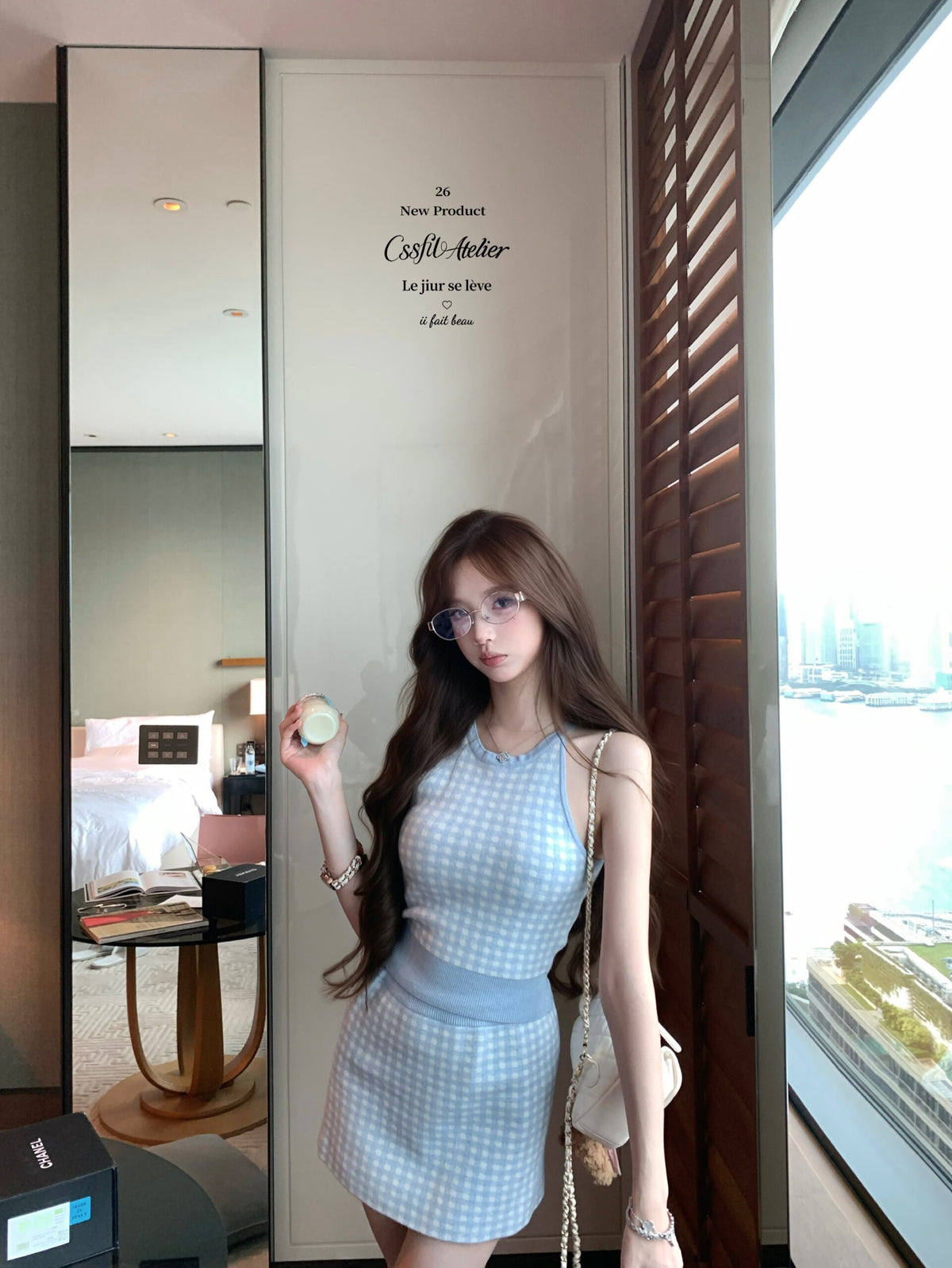 💕海鹽香頌藍粉格子三件套