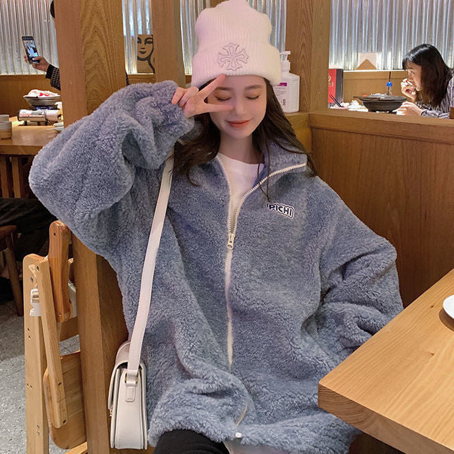 💕chic韓系羊羔毛加厚寬鬆百搭短外套