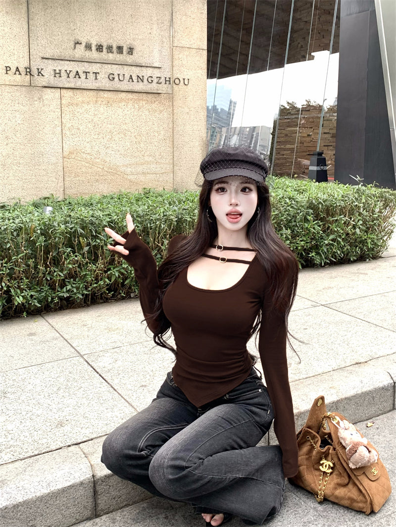 💕氣質設計感褶皺雙條扣低胸上衣