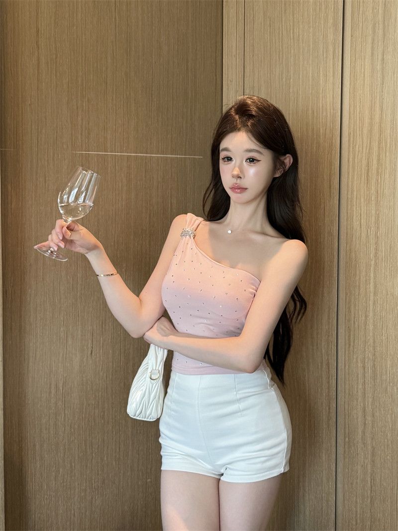 💕chic韓系性感斜肩燙鑽抹胸背心無袖上衣