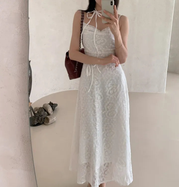 💕ihs系溫柔蕾絲性感露背鬆緊系帶收腰吊帶長裙