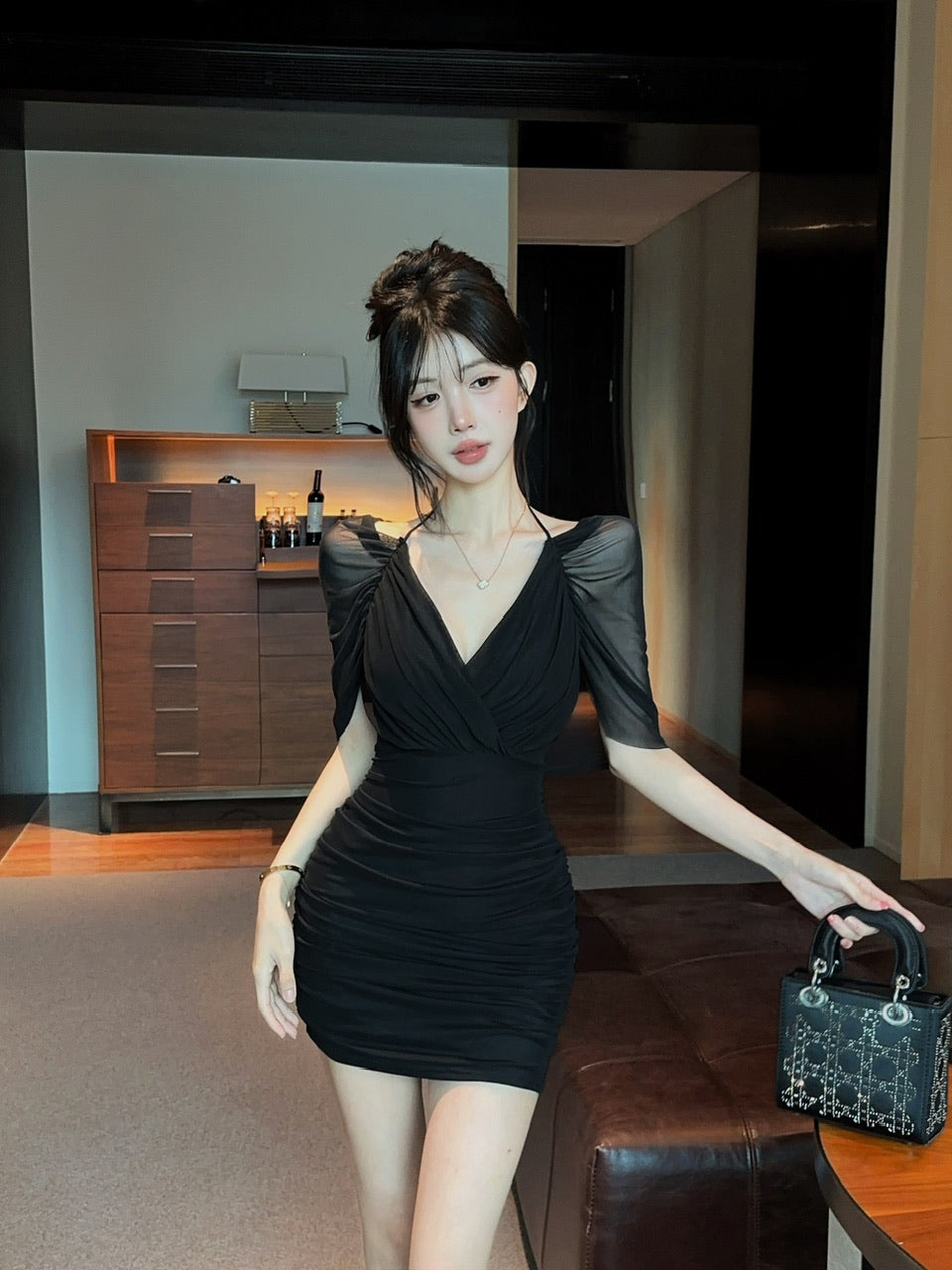 💕約會性感網紗綁帶包臀假兩件連身裙