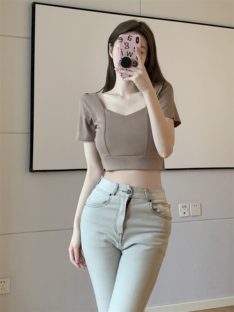 💕方領百搭露鎖骨顯瘦短版露臍上衣