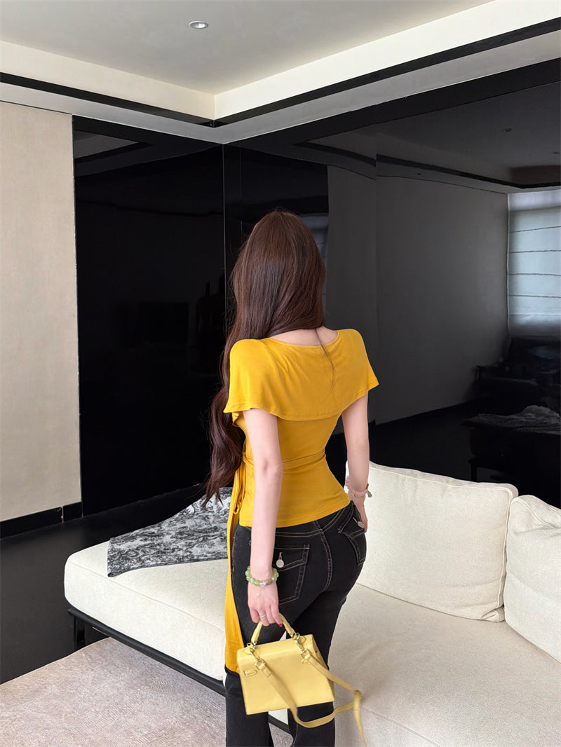 💕氣質優雅交叉V領綁帶T袖上衣