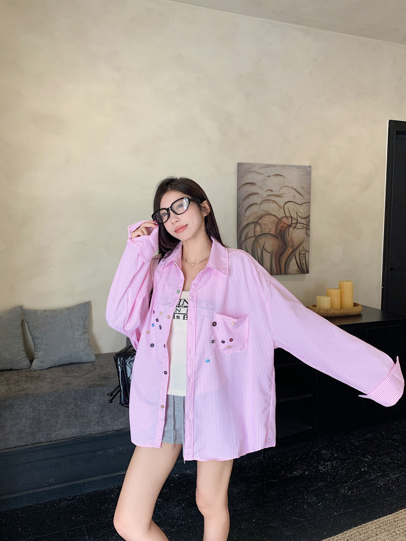 💕青春寬鬆百搭別緻彩色鈕扣條紋襯衫