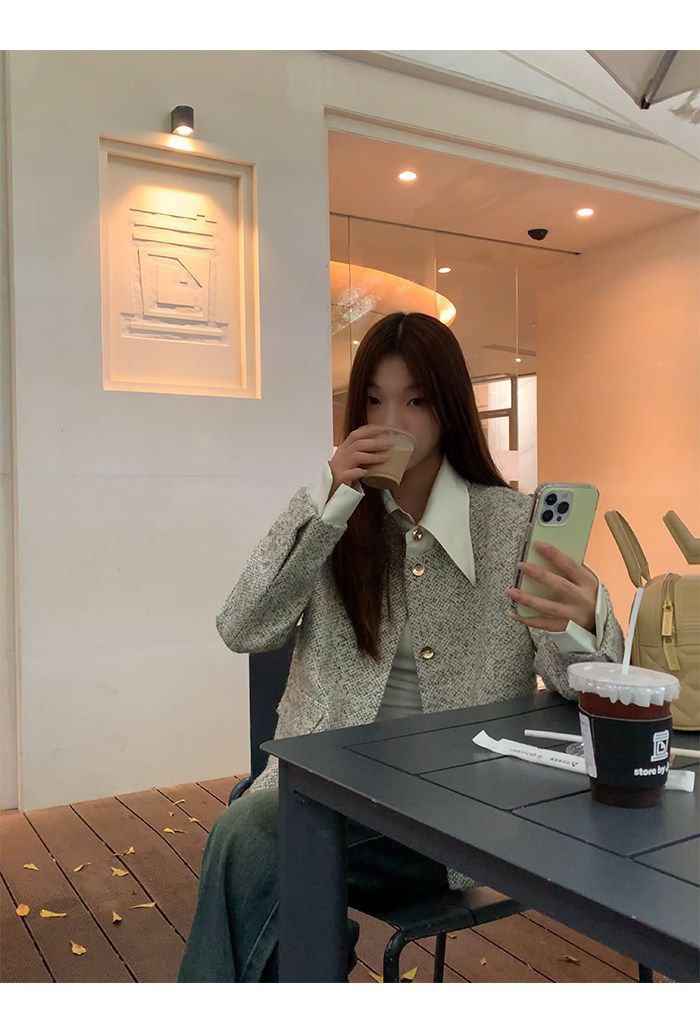 💕韓系秋冬假兩件拼接小香風加墊肩外套