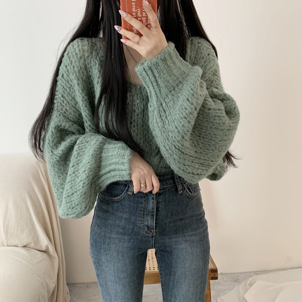 💕韓系chic春秋百搭寬鬆燈籠袖針織上衣