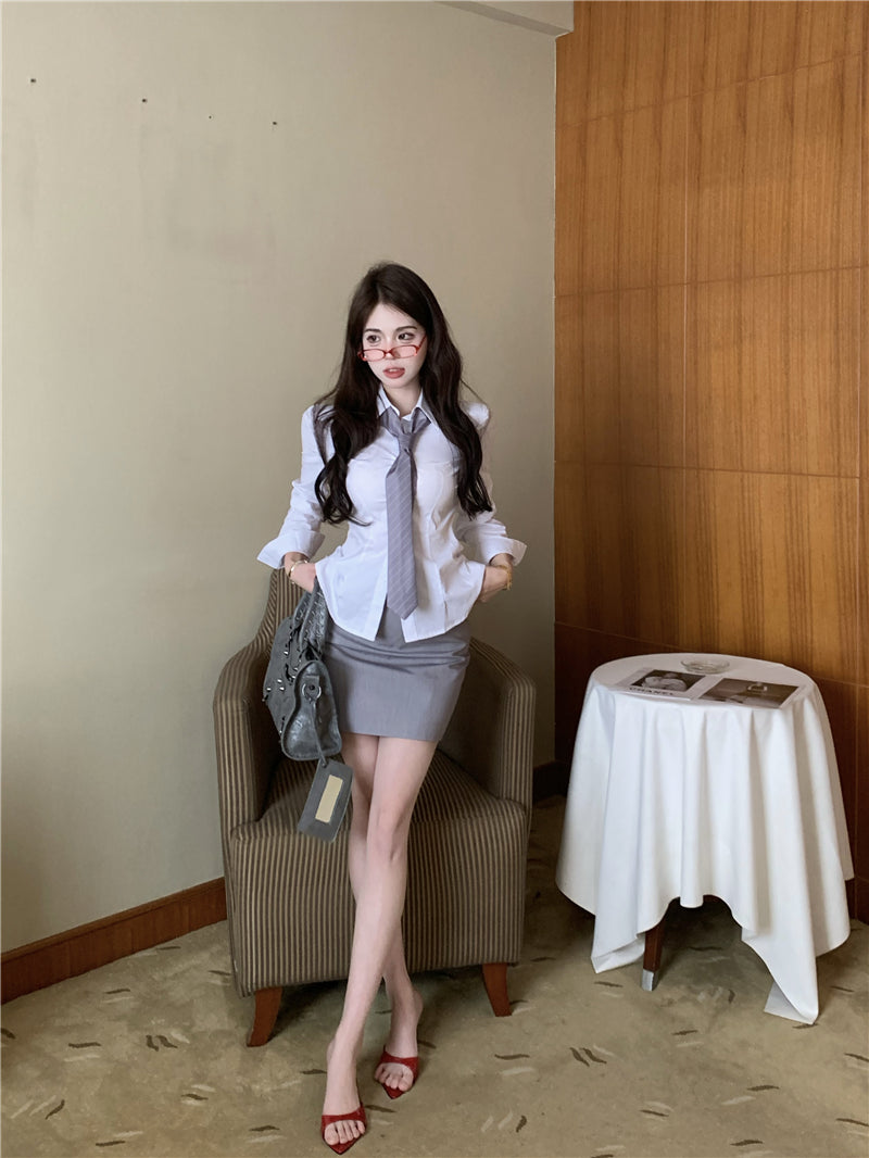 💕韓版秘書款收腰帶領襯衫兩件套