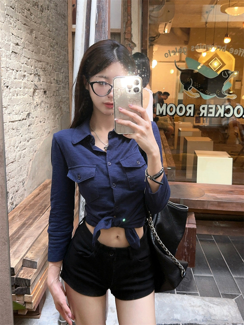 💕氣質翻領長袖收腰鈕扣襯衫