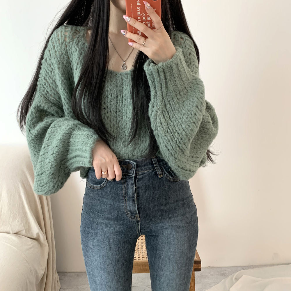 💕韓系chic春秋百搭寬鬆燈籠袖針織上衣