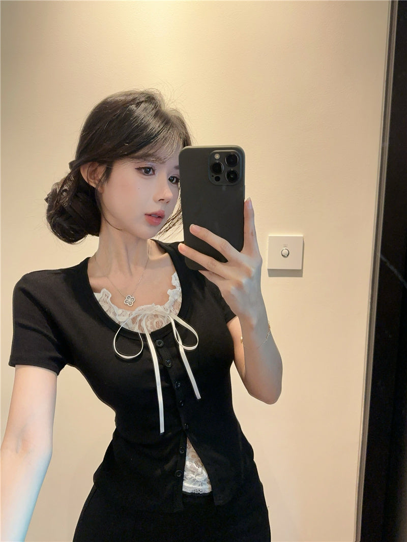 💕高級感假兩件短袖拼接蕾絲上衣