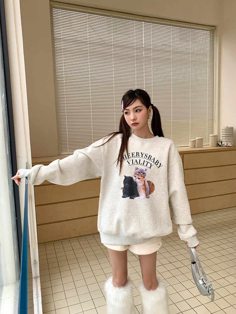 💕秋冬可愛貓咪疊疊樂印花圓領長袖上衣