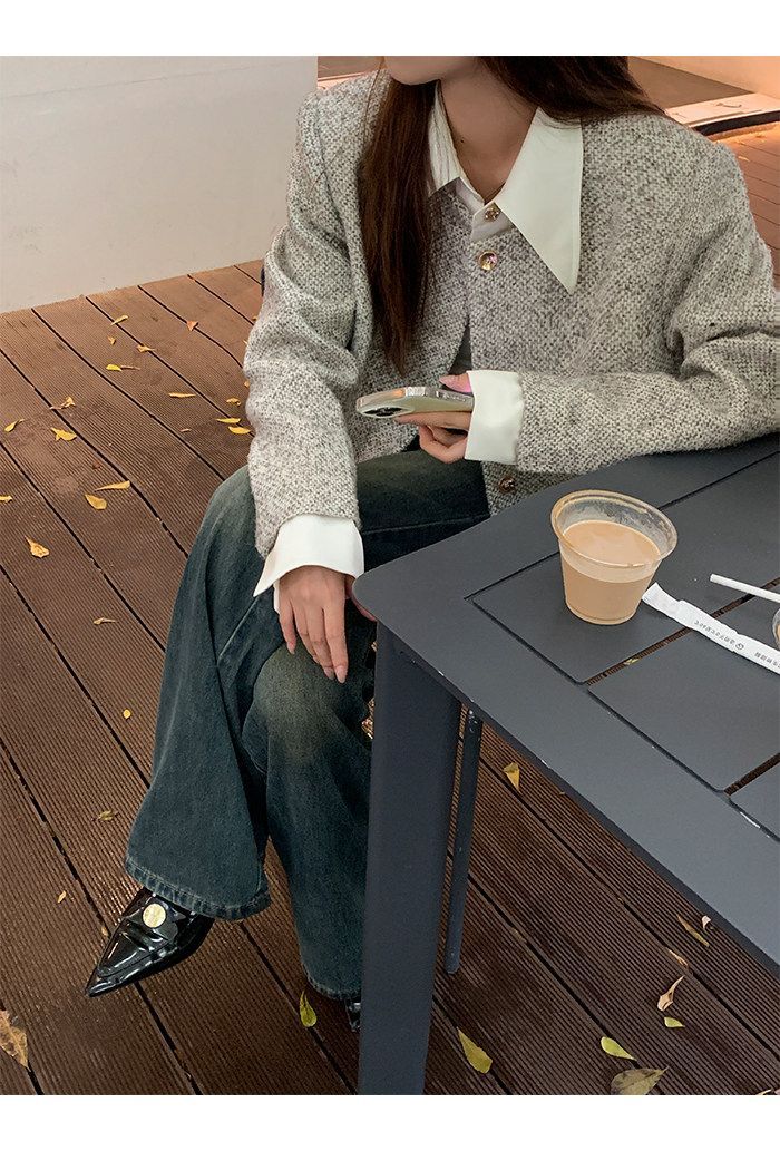 💕韓系秋冬假兩件拼接小香風加墊肩外套