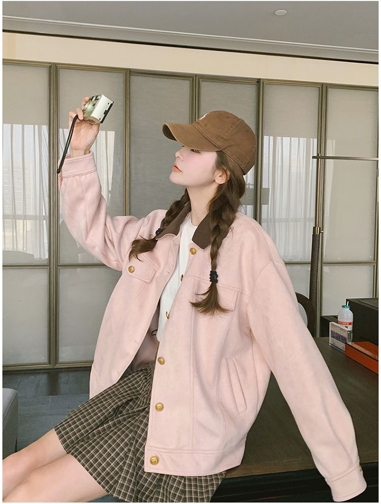 💕韓系甜美溫柔粉色麂皮絨短款休閒夾克外套