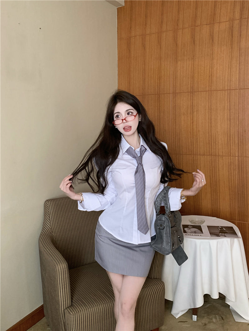 💕韓版秘書款收腰帶領襯衫兩件套