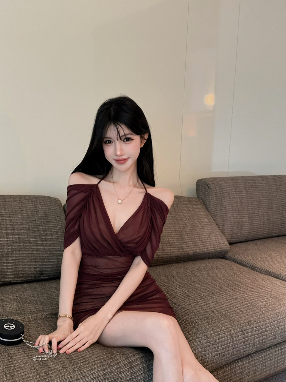 💕約會性感網紗綁帶包臀假兩件連身裙
