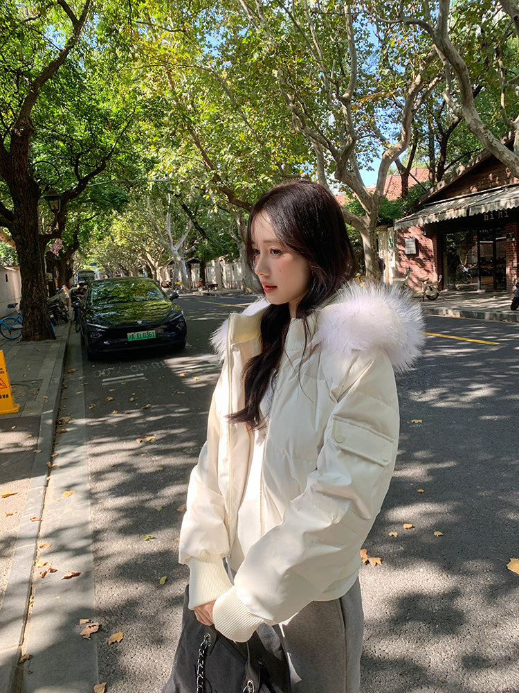 💕冬季甜美毛毛短款小個子連帽棉衣